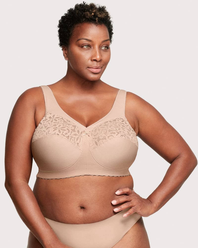 Front of a model wearing a size 52D MagicLift Cotton Support Bra in Cafe by Glamorise. | dia_product_style_image_id:262899